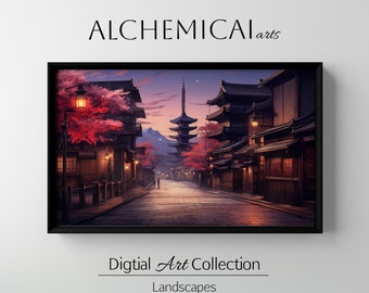 Frame TV Art, Night time Higashiyama Street, Kyoto, Old Japanese Street, Japanese Temple, Cherry Blossom, Japan, Digital Wallpaper 4k