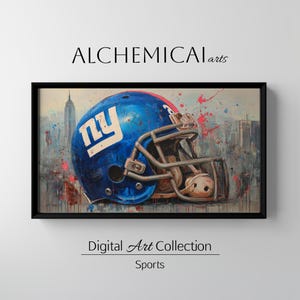 Puede incluir: Impresión artística digital enmarcada de un casco de fútbol americano azul con las letras "NY". El fondo muestra un paisaje urbano con salpicaduras de pintura roja y rosa. El texto "ALCHEMICAL arts" está en la parte superior y "Digital Art Collection Sports" en la parte inferior.