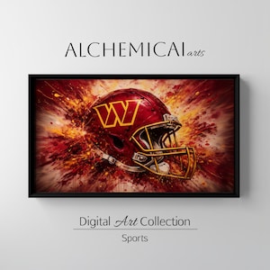 Puede incluir: Impresión artística digital enmarcada que presenta un casco de fútbol americano burdeos con una máscara dorada y la letra "W". El fondo tiene una explosión de colores rojos y dorados. También se ve el texto "ALCHEMICAL arts" y "Digital Art Collection Sports".