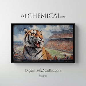 May include: A digital painting of a tiger roaring in front of a packed stadium. The tiger is orange and black with a white stripe down its face. The stadium is filled with people wearing orange and white. The painting is titled "ALCHEMICALarts" and is part of a digital art collection called "Sports".