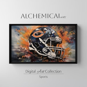 May include: A framed digital art print featuring a football helmet with the Chicago Bears logo. The helmet is navy blue with orange and white accents, set against a vibrant, abstract background of orange, yellow, and blue. Text reads "ALCHEMICAL arts" and "Digital Art Collection Sports."