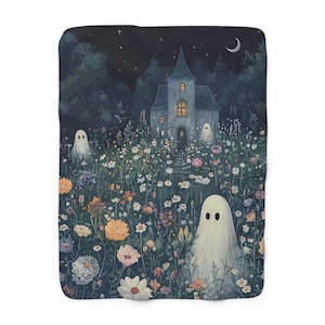 May include: A digital illustration of a spooky cottage with a glowing window, surrounded by a field of colorful flowers and three white ghosts.