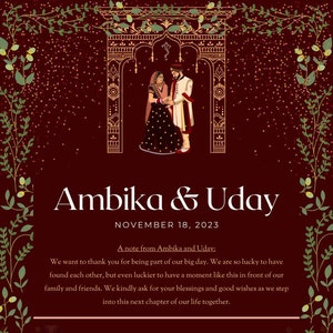 May include: A wedding ceremony program with a burgundy background and gold accents. The program lists the different events of the ceremony, including the Baraat, Milni, Ganesh Puja, Kanya Agman, Jai Mala, Agni Puja, Saptapadi, and Aashirwad.