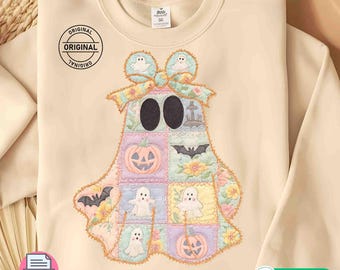 Fantasma de colcha de retazos PNG: Diseño retro de sublimación de Halloween (descarga digital)