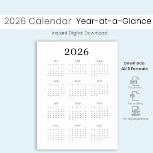 May include: A white 2026 year-at-a-glance calendar with a minimalist design. The calendar displays all twelve months, with the year 2026 at the top. Text includes "Instant Digital Download" and format options: PDF, PNG, and SVG.