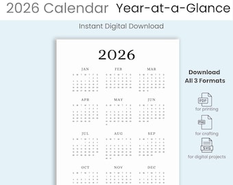 May include: A white 2026 year-at-a-glance calendar with a minimalist design. The calendar displays all twelve months, with the year 2026 at the top. Text includes "Instant Digital Download" and format options: PDF, PNG, and SVG.