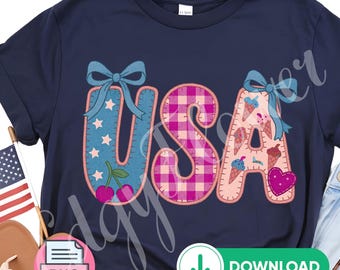 USA faux Quilted Design PNG, 4th of July Shirt, Patriotic Coquette (Digital Download)