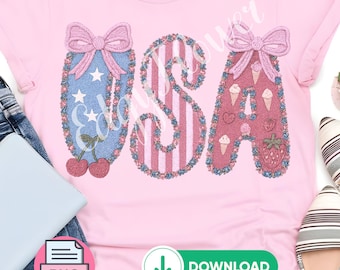 Pastel USA PNG: America 250th, faux Embroidery 4th of July Shirt Design (Digital Download)