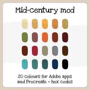 Mid-century modern, a colour palette of 20 swatches in bold tones for Adobe apps, and Procreate - includes hex codes (digital download)
