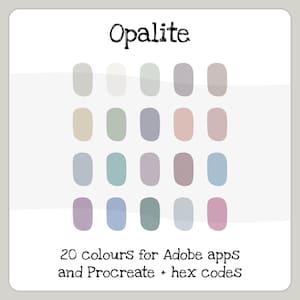 Opalite, una paleta de colores con 20 muestras en tonos pastel para aplicaciones de Adobe y Procreate, incluye códigos hexadecimales (descarga digital).