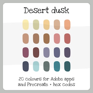 Desert dusk, a colour palette of 20 swatches in warm tones cool shades for Adobe apps, and Procreate - includes hex codes (digital download)