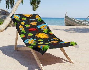 Sun-Kissed Bliss: Zwarte tropische strandhanddoek - Summer Beach Day Essentials - Schattige strandlakens - Ananas Emoji - Summer Kids Essentials