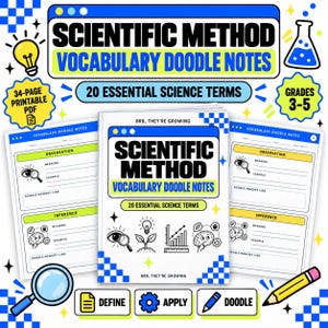May include: A 34-page printable PDF titled Scientific Method Vocabulary Doodle Notes for grades 3-5. The cover features the text Scientific Method Vocabulary Doodle Notes, 20 Essential Science Terms, and Brb, They're Growing with science icons.