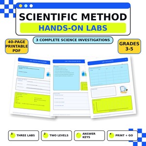 May include: A 40-page printable PDF educational resource titled Scientific Method Hands-On Labs for grades 3-5. It includes three complete science investigations with lab notes, planning sheets, procedure notes, and data collection charts.