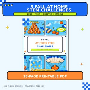 Könnte beinhalten: Ein 18-seitiges, druckbares PDF-Arbeitsbuch mit dem Titel 5 Fall At-Home STEM Challenges. Das Cover zeigt vier Illustrationen von wissenschaftlichen Aktivitäten, darunter einen Kürbisturm, ein Katapult, ein Glas und einen Fallschirm aus einem Blatt.