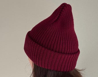 Handmade Burgundy Merino Wool Beanie, Knit Winter Hat