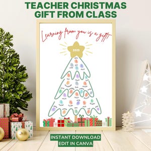 Könnte beinhalten: Ein gerahmtes Weihnachtsgeschenk für einen Lehrer mit einem Weihnachtsbaum-Design aus bunten Fingerabdrücken. Der Text lautet "Learning from you is a gift" und "Teacher Christmas Gift From Class". Enthält den Text "Instant Download Edit in Canva".