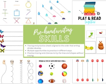 May include: A printable worksheet for pre-handwriting skills. The worksheet features a variety of activities, including tracing lines, shapes, and letters. The worksheet also includes a section for drawing circles around different types of balls. The text "PLAY & READ together" is at the top of the page.