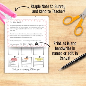 May include: A teacher appreciation survey with a pink stapler and orange scissors on a wooden surface. The survey includes sections for preferences, coffee, and food or scents. Text on the survey reads, "Dear Mrs. Smith...Thank you for helping us get to know you!"