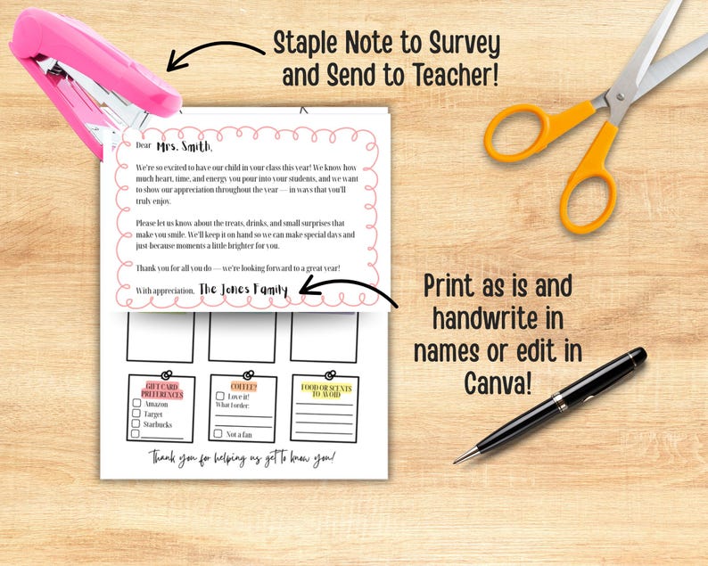 May include: A teacher appreciation survey with a pink stapler and orange scissors on a wooden surface. The survey includes sections for preferences, coffee, and food or scents. Text on the survey reads, "Dear Mrs. Smith...Thank you for helping us get to know you!"