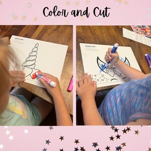 Peut inclure: Deux enfants colorent des contours de licorne avec des marqueurs. Les instructions sur la page indiquent "Color and Cut".