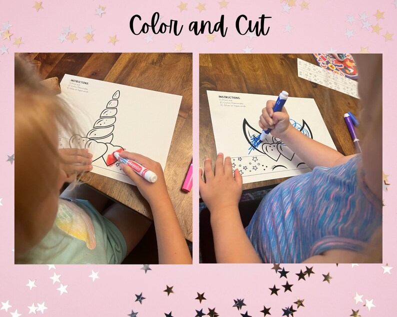Peut inclure: Deux enfants colorent des contours de licorne avec des marqueurs. Les instructions sur la page indiquent "Color and Cut".