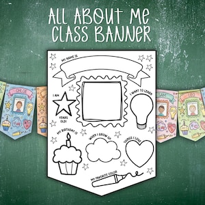 May include: A black and white printable banner template titled ALL ABOUT ME CLASS BANNER featuring a central square frame, a star, a lightbulb, a cupcake, a cloud, and a heart shape for student information, surrounded by coloured examples.