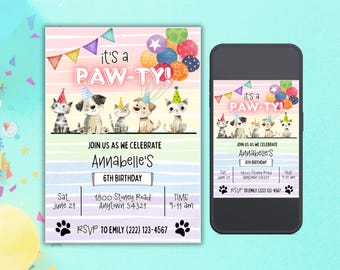 Editable Dog and Cat Party Invitation, Puppy and Kitty Birthday Pawty Invite