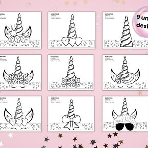 Peut inclure: Neuf bandeaux de t&ecirc;te d'unicornes imprimables, chacun avec un design diff&eacute;rent. Les designs comprennent une couronne, des c&oelig;urs, des fleurs, un n&oelig;ud et des lunettes de soleil. Les bandeaux sont en noir et blanc et pr&ecirc;ts &agrave; &ecirc;tre colori&eacute;s.