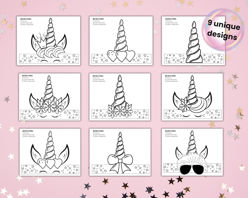 Peut inclure: Neuf bandeaux de t&ecirc;te d'unicornes imprimables, chacun avec un design diff&eacute;rent. Les designs comprennent une couronne, des c&oelig;urs, des fleurs, un n&oelig;ud et des lunettes de soleil. Les bandeaux sont en noir et blanc et pr&ecirc;ts &agrave; &ecirc;tre colori&eacute;s.