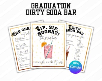 Modèle de toile modifiable de kit de bar à soda sale de remise des diplômes, menu de boissons de fête des diplômés, enseignes de bar à soda, décoration de fête pour seniors