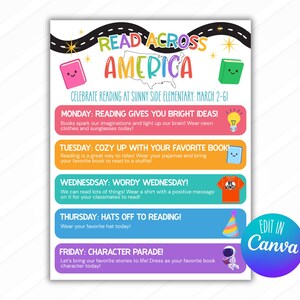 May include: A colorful poster promoting "Read Across America" at Sunny Side Elementary from March 2-6. The poster features a road design, the words "Read Across America", and daily themes like "Cozy Up With Your Favorite Book" and "Character Parade".