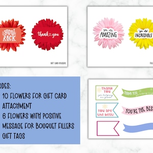 Puede incluir: Porta tarjetas de regalo de flores imprimibles y rellenos de ramo con mensajes positivos como "You Rock", "Thank You", "You Are Amazing" y "You Are Incredible".
