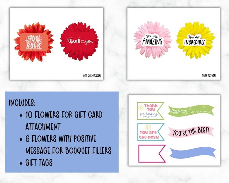 Puede incluir: Porta tarjetas de regalo de flores imprimibles y rellenos de ramo con mensajes positivos como "You Rock", "Thank You", "You Are Amazing" y "You Are Incredible".