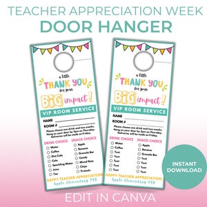 Teacher Appreciation Week Door Hanger, VIP Room Service Template for Thank You Gifts, Printable, Editable PTA PTO Ideas