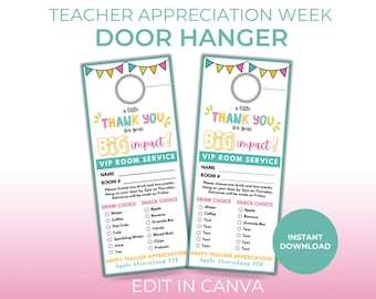 Teacher Appreciation Week Door Hanger, VIP Room Service Template for Thank You Gifts, Printable, Editable PTA PTO Ideas