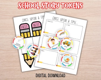 Pode incluir: Duas folhas brancas para impressão com o texto "ONCE UPON A TIME..." e "SCHOOL STORY TOKENS". As folhas têm gráficos de lápis e círculos com as palavras "FIRST", "NEXT", "PAPER AIRPLANE", "LINE UP", "GYM CLASS", "BUS" e "GOLDFISH". As palavras "DIGITAL DOWNLOAD" estão na parte inferior.