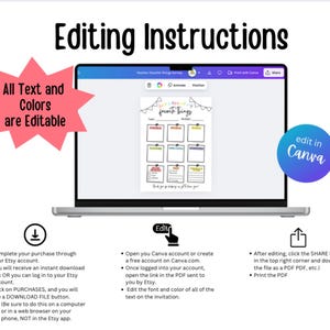 May include: A laptop displays a customizable template with the text "Teacher Favorite Things Survey." The screen shows a grid with editable text fields. Instructions for editing in Canva are also included. The words "All Text and Colors are Editable" are in a pink starburst.