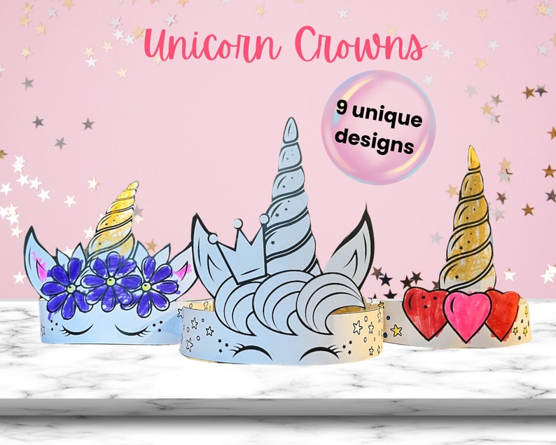 Peut inclure: Trois mod&egrave;les de couronnes de licorne avec des designs diff&eacute;rents. Les couronnes sont en papier et sont pr&ecirc;tes &agrave; &ecirc;tre color&eacute;es. Les designs comprennent une licorne avec une couronne de fleurs, une licorne avec une couronne et une licorne avec des c&oelig;urs.