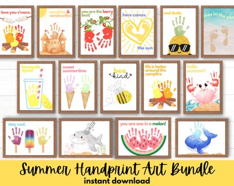 May include: A set of 12 printable summer-themed handprint art designs. The designs feature various summer-themed illustrations, such as a campfire, a watermelon, a shark, and a bee. Each design includes the text "Summer Handprint Art Bundle" and "instant download".
