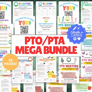 Pode incluir: Um pacote digital de 32 modelos imprimíveis para PTO e PTA com gráficos escolares coloridos, agendas de reuniões, boletins informativos e folhas de inscrição, com texto incluindo PTO/PTA MEGA BUNDLE e Editable in CANVA em fundo verde.