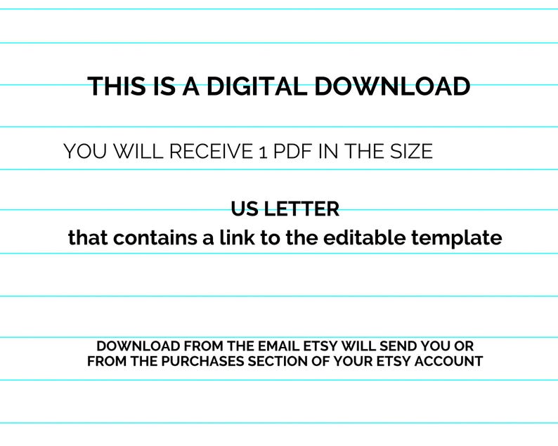 May include: Digital download information on a lined paper background. Text includes "THIS IS A DIGITAL DOWNLOAD", "YOU WILL RECEIVE 1 PDF IN THE SIZE US LETTER", and instructions to download from Etsy.