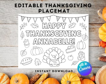 Plantilla editable para colorear de mantel individual de Acción de Gracias para niños, actividad de mesa para niños en el Día del Pavo.