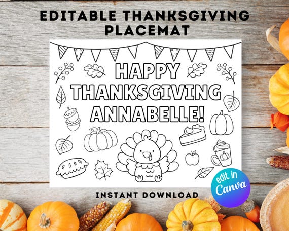 Editable Thanksgiving Coloring Placemat Template for Kids, Turkey Day Kids Table Activity