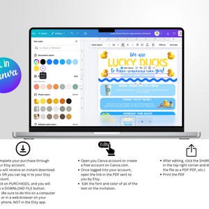 May include: A laptop displays a Canva design with the text "We are Lucky Ducks to have winners like you!" and illustrations of yellow rubber ducks. The screen shows editing options and instructions for downloading the design.