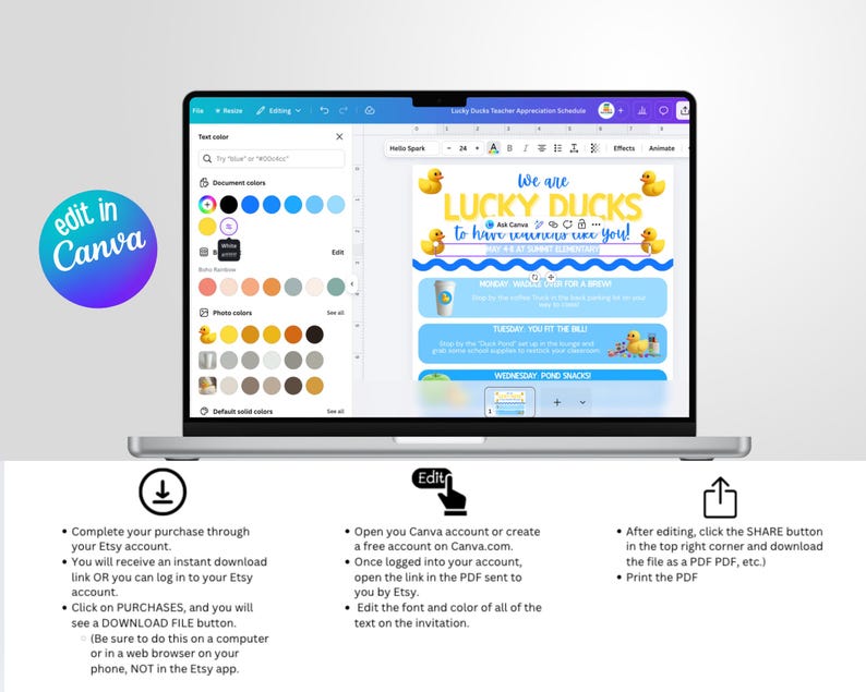 May include: A laptop displays a Canva design with the text "We are Lucky Ducks to have winners like you!" and illustrations of yellow rubber ducks. The screen shows editing options and instructions for downloading the design.