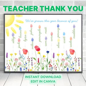 Op de afbeelding: Een ingelijste aquarelprint met de tekst "TEACHER THANK YOU" en "We've grown this year because of you!". Het kunstwerk toont een zon, kleurrijke bloemen en namen. De onderste tekst luidt "INSTANT DOWNLOAD EDIT IN CANVA".