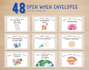 May include: Set of 48 printable open when envelopes with various illustrations and text prompts. The envelopes are designed to be filled with encouraging messages or small gifts for a loved one.