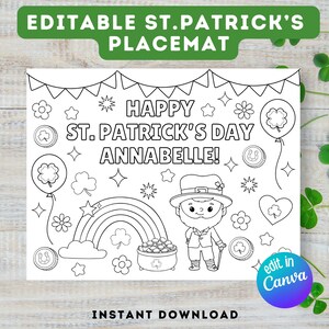 Könnte beinhalten: Schwarz-weißes St. Patrick's Day Platzdeckchen-Design mit dem Text "Happy St. Patrick's Day Annabelle!" und Illustrationen eines Leprechauns, Regenbogens und Kleeblättern. Die Wörter "Editable St. Patrick's Placemat" und "Instant Download" sind ebenfalls vorhanden.