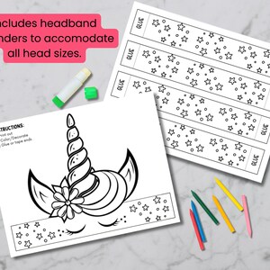 Peut inclure: Un mod&egrave;le imprimable de serre-t&ecirc;te licorne avec des instructions pour colorier, d&eacute;corer et coller ou scotcher les extr&eacute;mit&eacute;s. Le serre-t&ecirc;te est d&eacute;cor&eacute; d'&eacute;toiles et de cercles. L'artisanat comprend un b&acirc;ton de colle et des crayons.